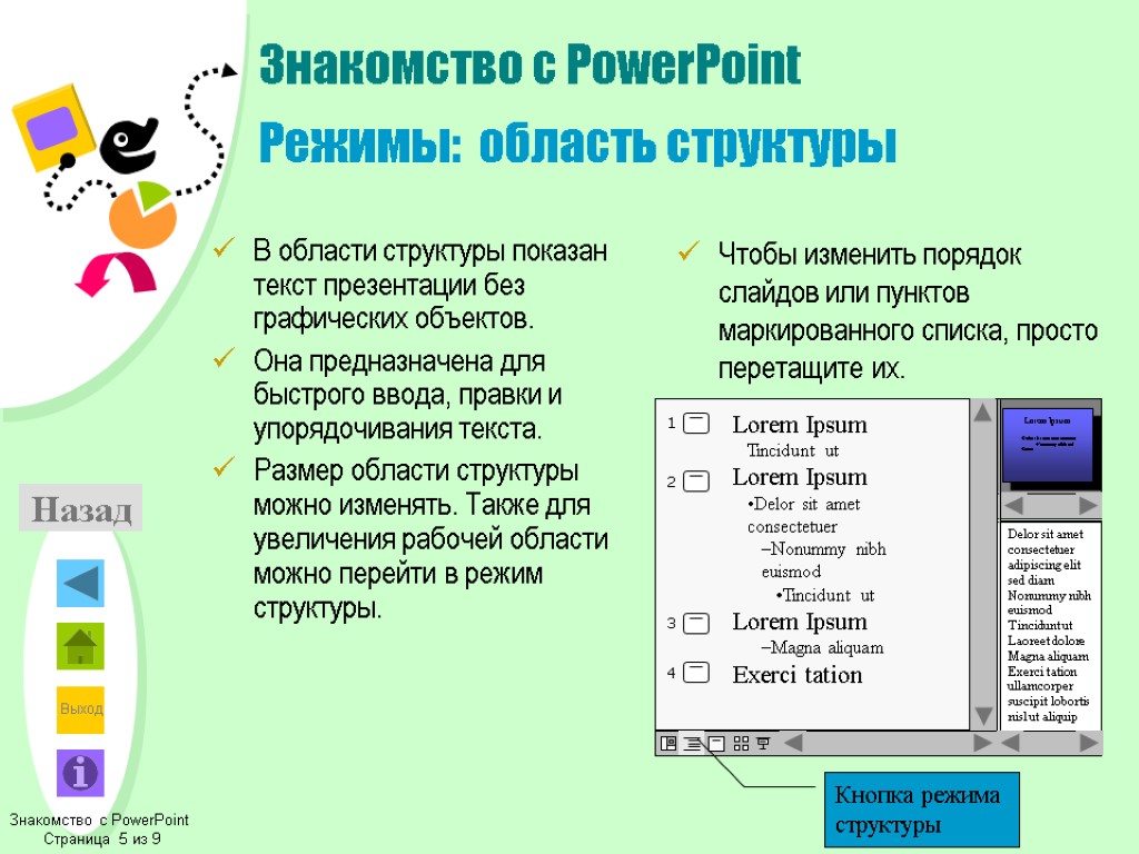 Назад Знакомство с PowerPoint Режимы: область структуры В области структуры показан текст презентации без